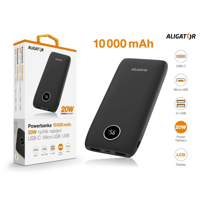 Aligator PBPD10BK - 10000 mAh akupank LCD-ekraaniga, Power Delivery 20 W/3,7 V, must