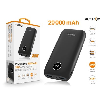 Aligator PBPD20BK - Powerbank LCD-ekraaniga Power Delivery 20000 mAh/20W/3,7V must