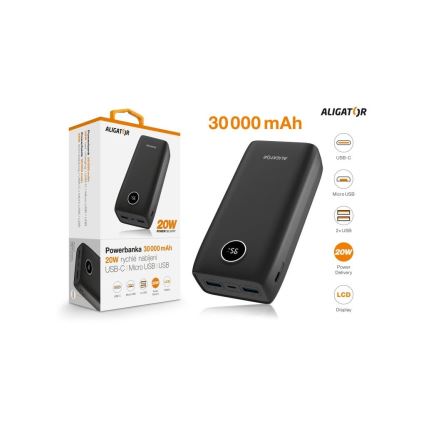 Aligator PBPD30BK - Powerbank LCD-ekraaniga Power Delivery 30000 mAh/20W/3,7V must