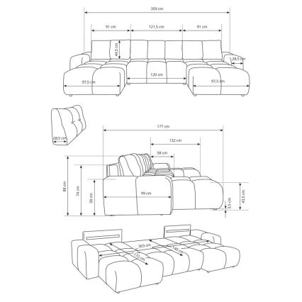 ALMADA U-kujuline polsterdatud lahtikäiv diivan hoiuruumiga, beež