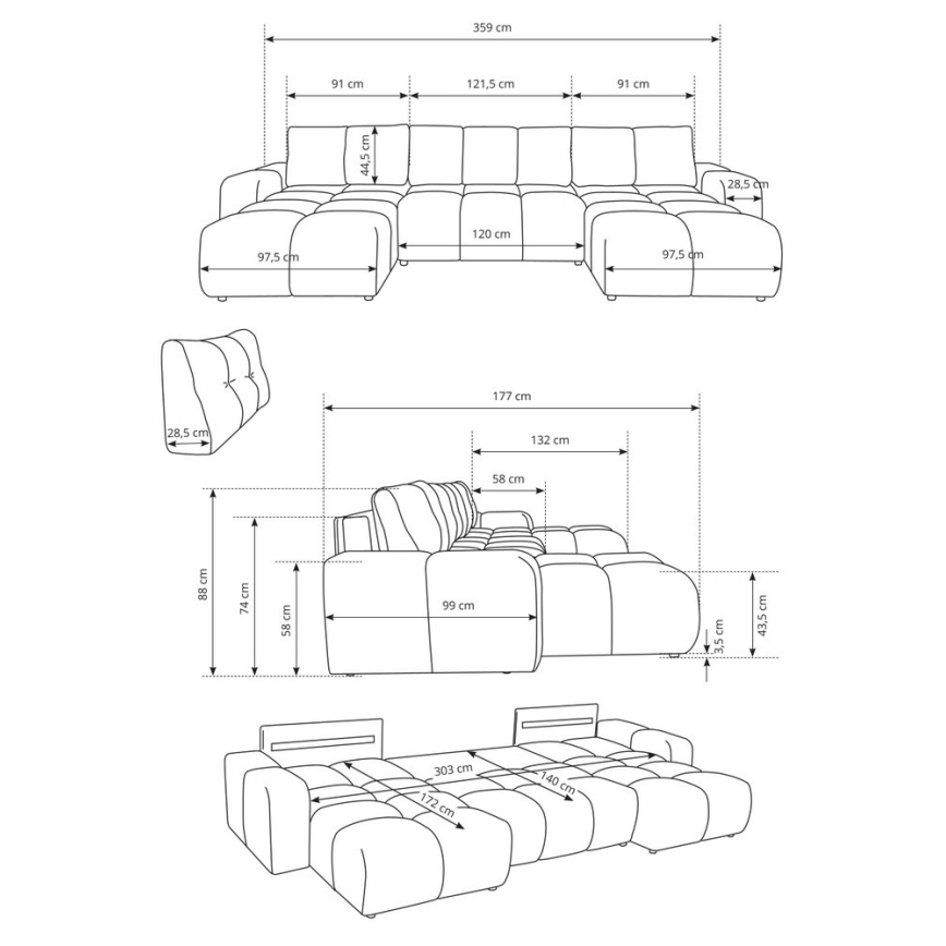 ALMADA U-kujuline polsterdatud lahtikäiv diivan hoiuruumiga, beež