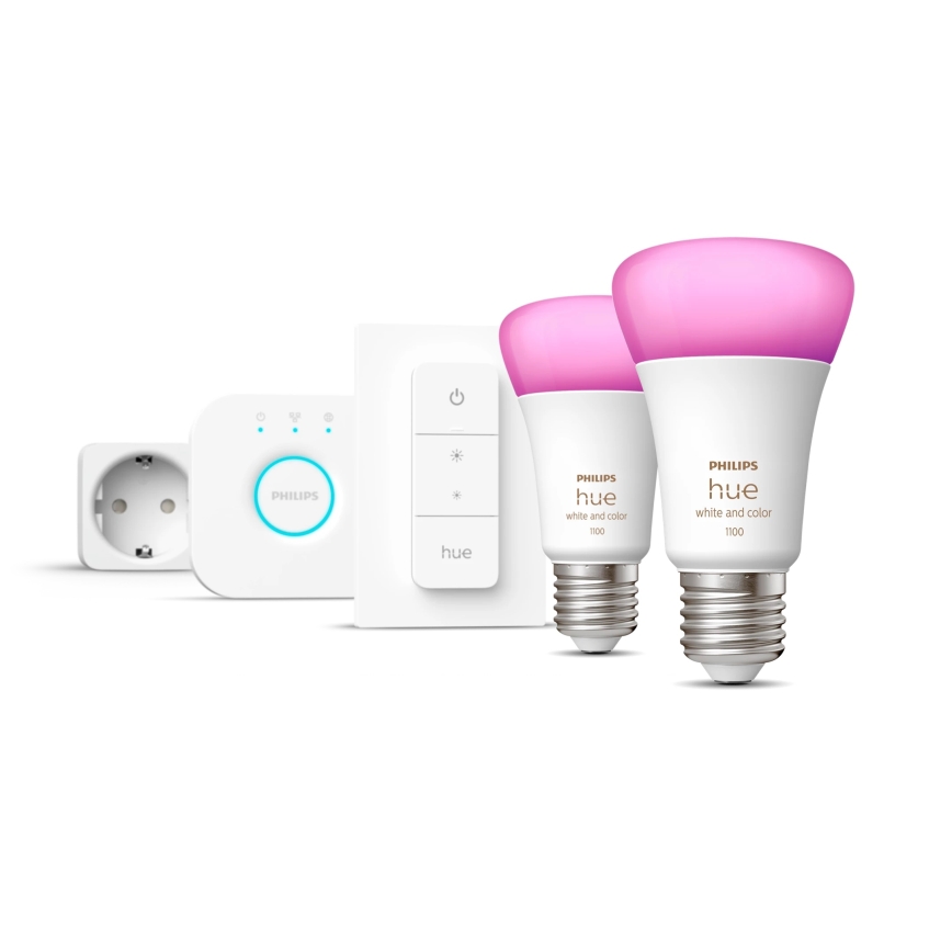 Stardikomplekt Philips Hue WHITE AND COLOR AMBIANCE 2xE27/9W/230V 2200-6500K + nutikas pistik, Hue Bridge ja hämarduslüliti