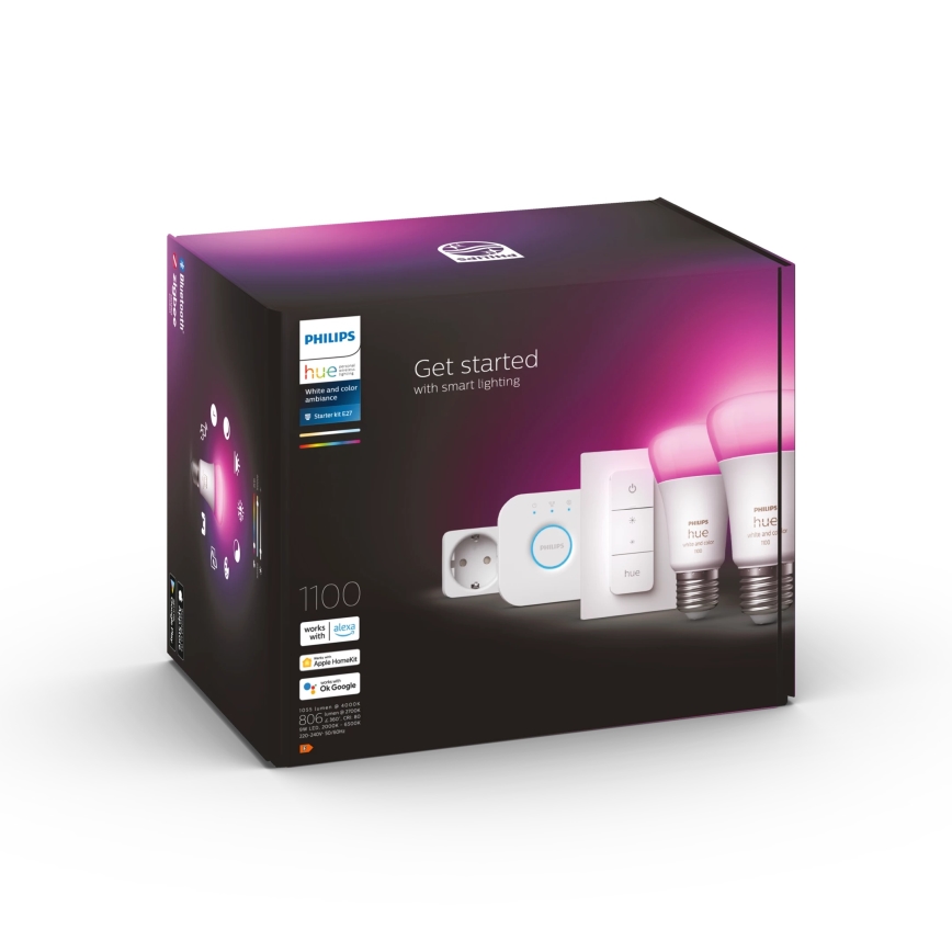 Stardikomplekt Philips Hue WHITE AND COLOR AMBIANCE 2xE27/9W/230V 2200-6500K + nutikas pistik, Hue Bridge ja hämarduslüliti