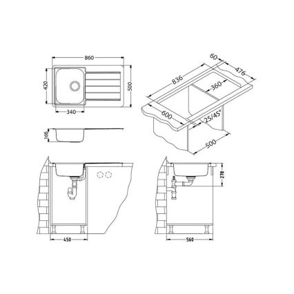 ALVEUS 1065560 - Valamu kööki LINE 86x50 cm matt teras/satiin