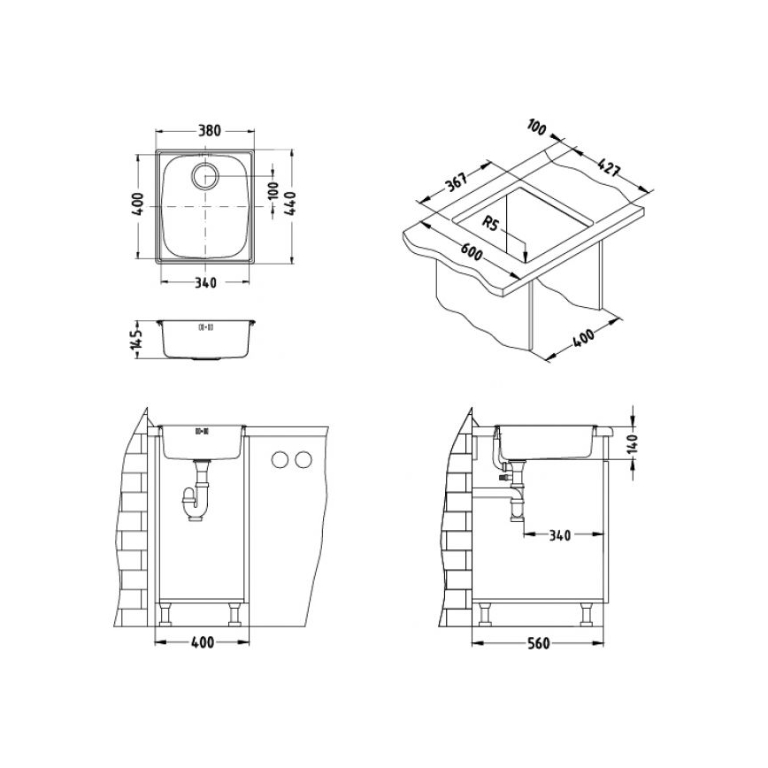 ALVEUS 1082195 - Köögivalamu BASIC 44x38 cm roostevaba teras/satiin, suur äravooluava