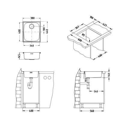 ALVEUS 1082195 - Valamu kööki BASIC 44x38 cm matt teras/satin, suur väljalaskeava