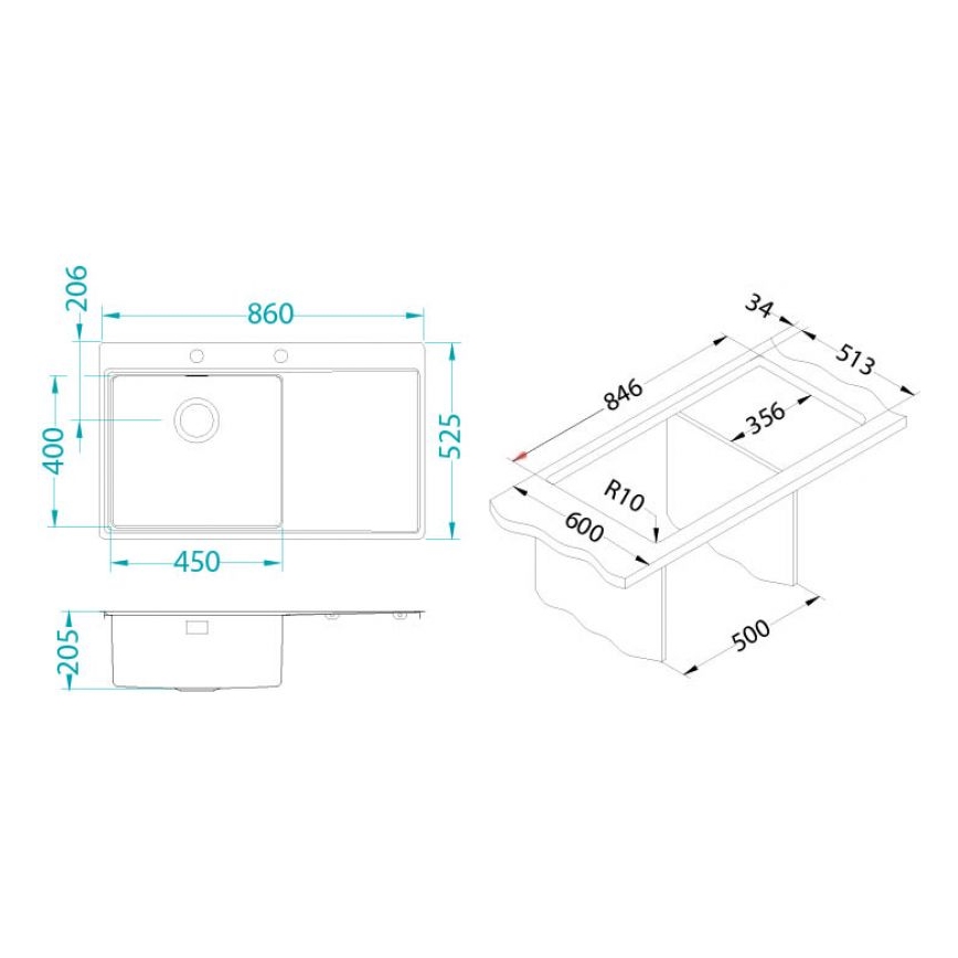 ALVEUS 1103653 - Valamu kööki PURE 86x52,5 cm satin, parem