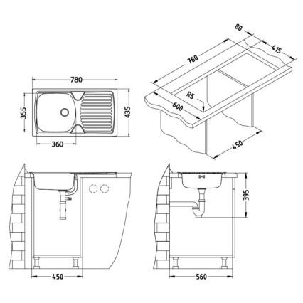 ALVEUS - köögivalamu BASIC 78x43,5 cm roostevaba teras/satiin + VIOLA 36,7 cm köögisegisti harjatud roostevaba teras