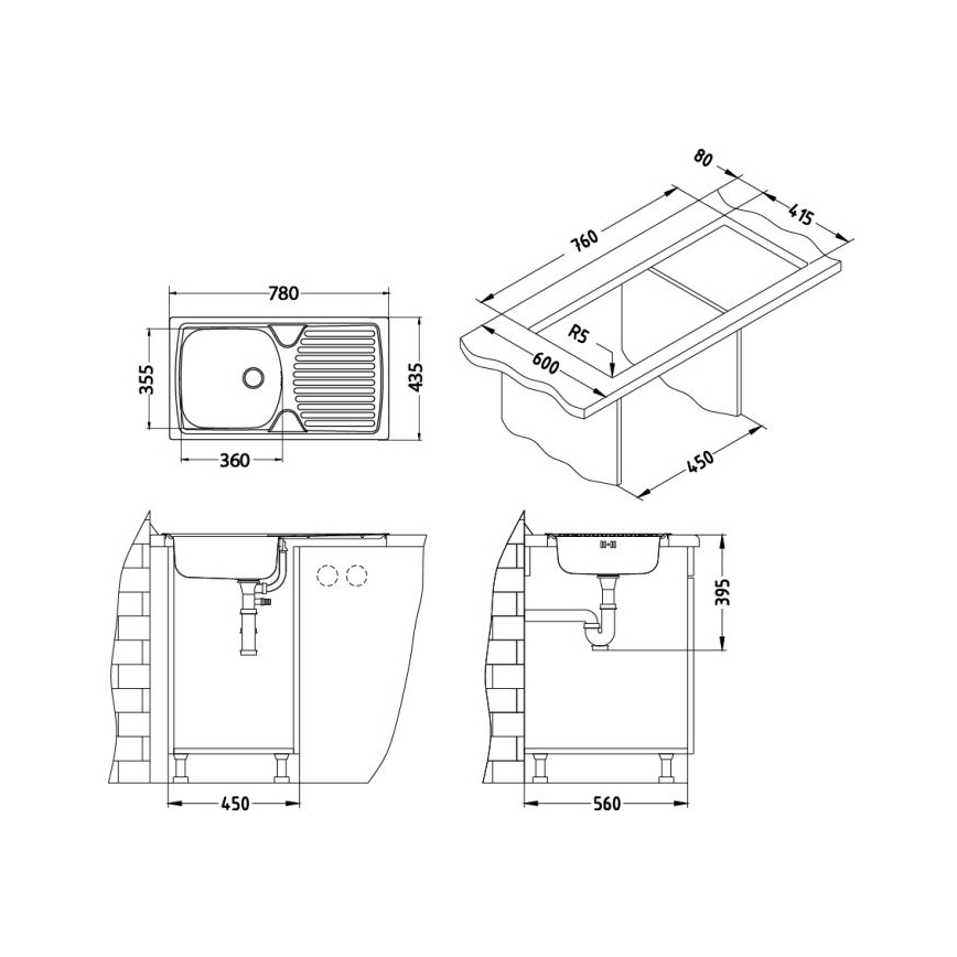 ALVEUS - köögivalamu BASIC 78x43,5 cm roostevaba teras/satiin + VIOLA 36,7 cm köögisegisti harjatud roostevaba teras
