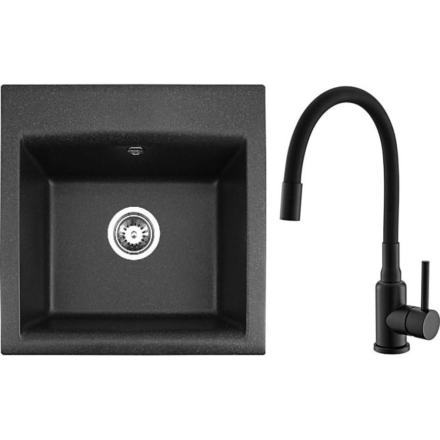 ALVEUS SETA23193 - Köögivalamu ATROX 50x50 cm + valamusegisti painduva kaelaga MINTAS 34 cm graniit/matt must