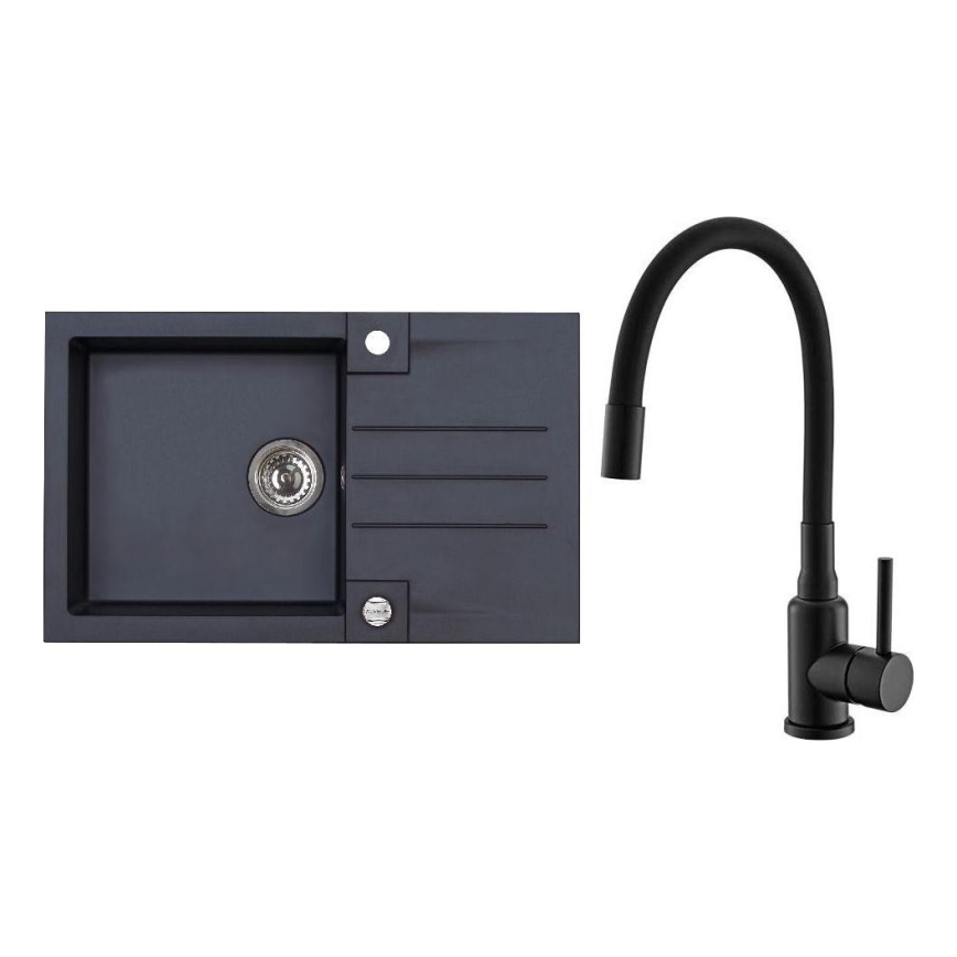 ALVEUS SETA23201 - köögivalamu ROCK 78x48 cm + MINTAS 34 cm painduva kaelaga valamusegisti, graniit/matt must