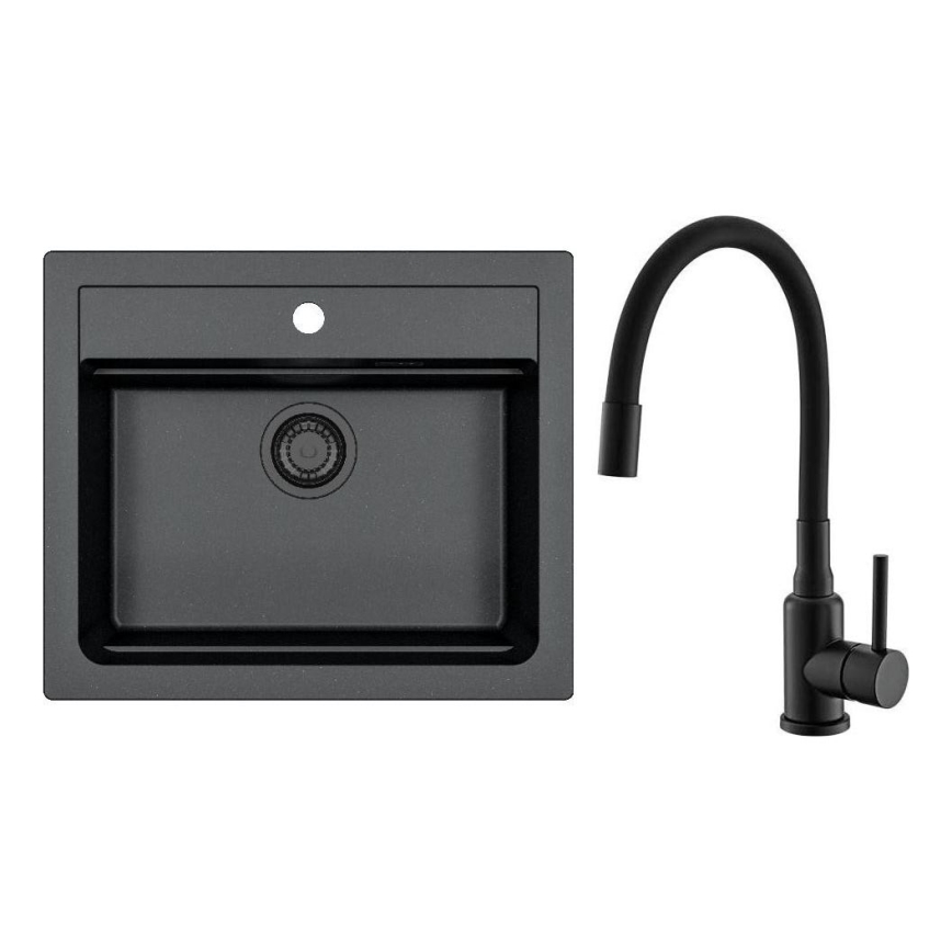 ALVEUS SETA23228 - Köögivalamu ATROX 59x50 cm + kraan painduvate voolu MINTAS 34 cm graniit/mat must