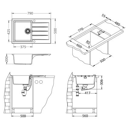 ALVEUS SETA23231 - Köögivalamu CADIT 79x50 cm + valamukraan painduva kõrrega MINTAS 34 cm graniit/mattmust