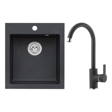 ALVEUS SETA737 - Köögivalamu CORTINA 50x45 cm + valamusegisti painduva voolikuga TONIA 29,5 cm graniit/mattmust