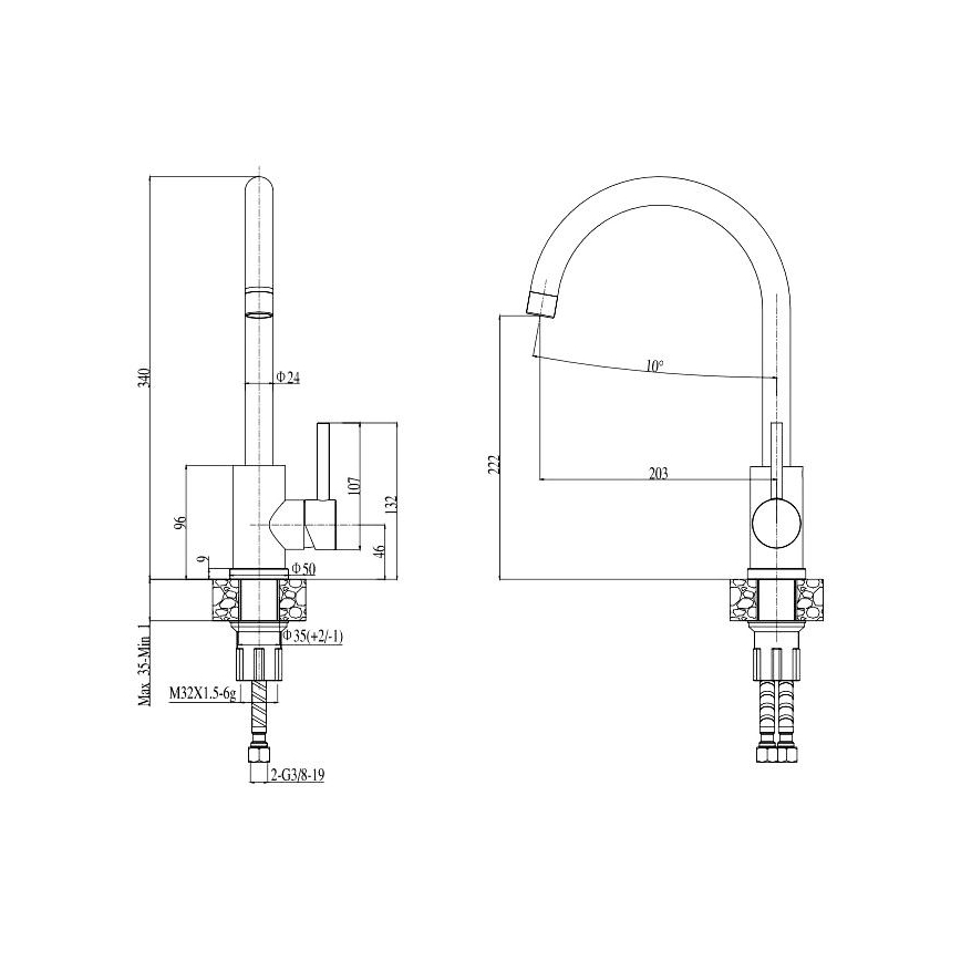 ALVEUS SETA737 - Köögivalamu CORTINA 50x45 cm + valamusegisti painduva voolikuga TONIA 29,5 cm graniit/mattmust