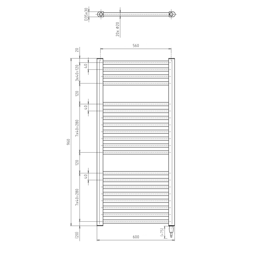 Aqualine - Vannitoa elektriline radiaator DIRECT-E 400W/230V 96 cm matt must otse