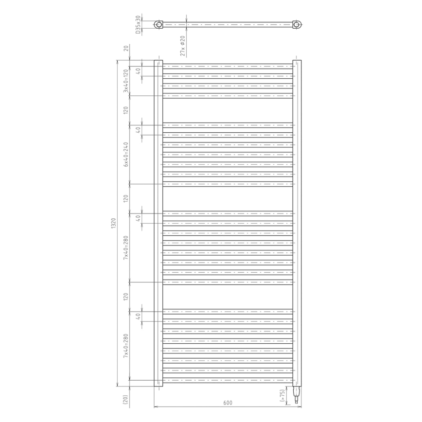 Aqualine - vannitoa elektriline radiaator DIRECT-E 600W 132x60 cm mattmust