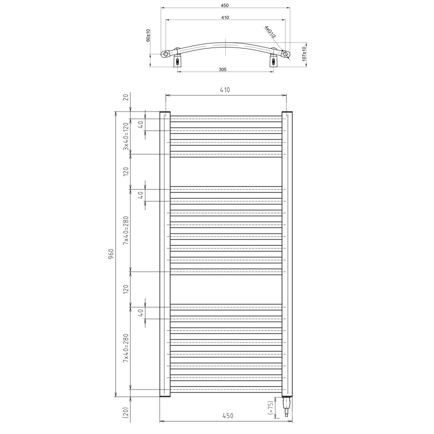 Aqualine - Vannitoa elektriradiaator ORBIT-E 300W 96x45 cm, valge, ümmargune