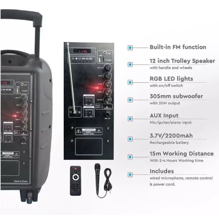 Bluetooth kaasaskantav kõlar mikrofoniga 35W/3,7V LED RGB + Pult