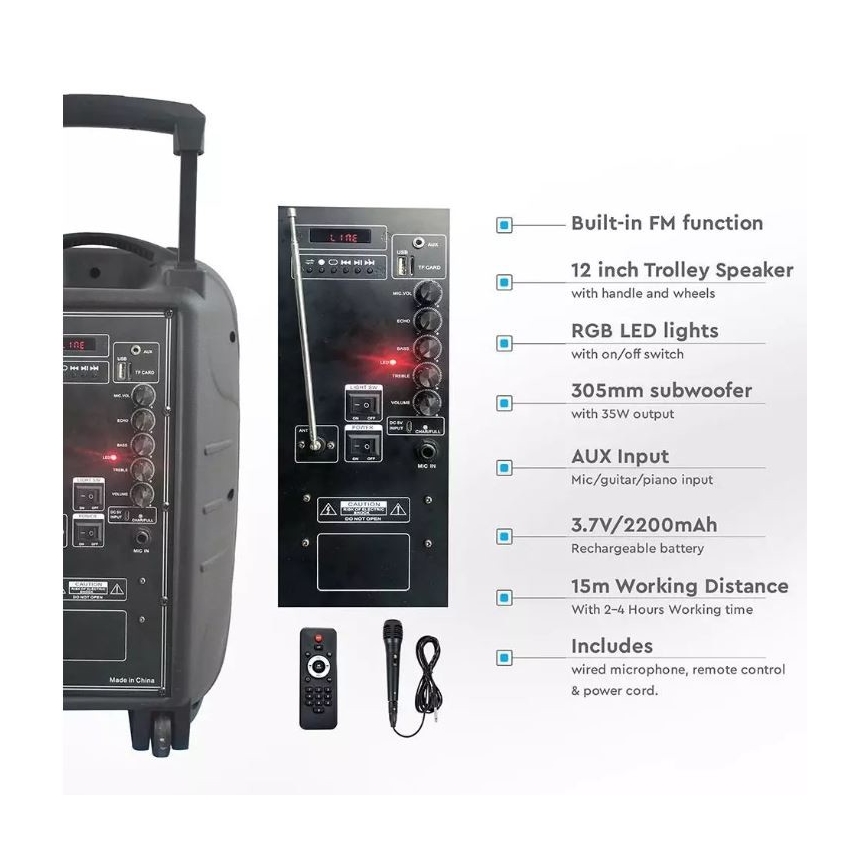 Bluetooth kaasaskantav kõlar mikrofoniga 35W/3,7V LED RGB + Pult