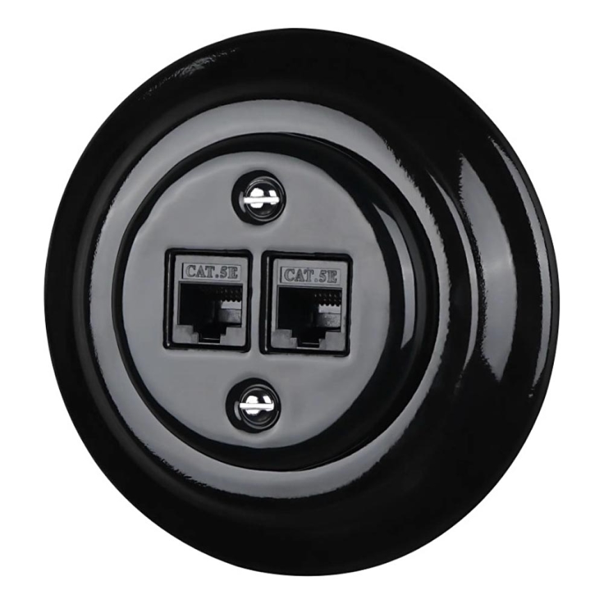 Bohemia-Design - portselanist retro Ethernet-pistikupesa raamiga, 2× CAT5e, must