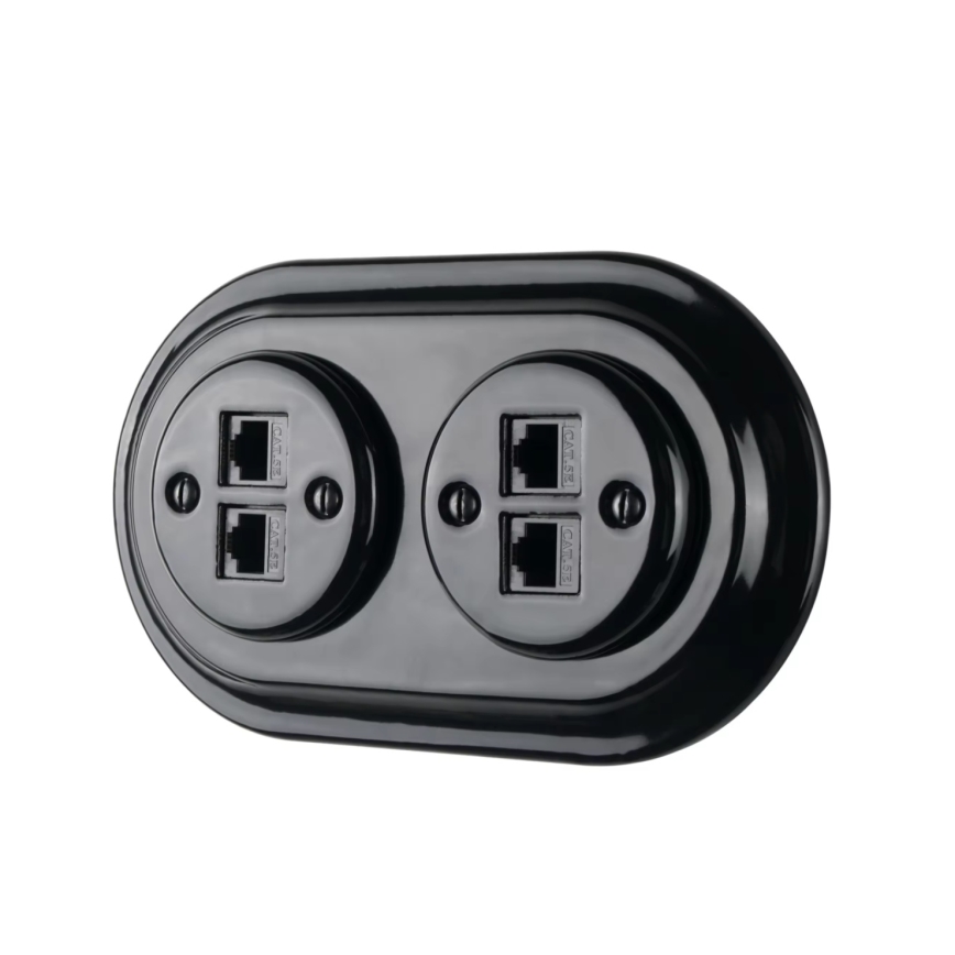 Bohemia-Design - portselanist retro Ethernet-pistikupesa raamiga, 2× CAT5e, must