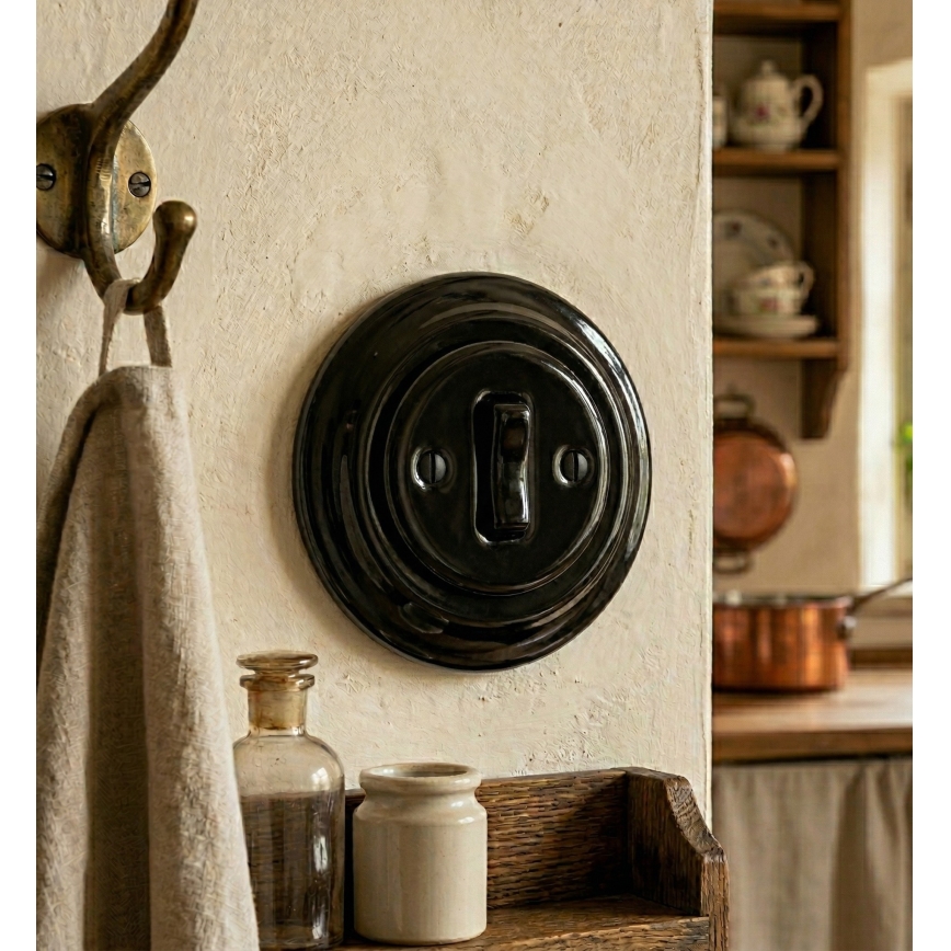 Bohemia-Design - portselanist retro ühe lülitiga seinalüliti raamiga nr. 1, must