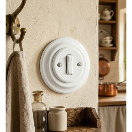 Bohemia-Design - Retrostiilis portselanist üheklahviline uksekellalüliti raamiga, valge