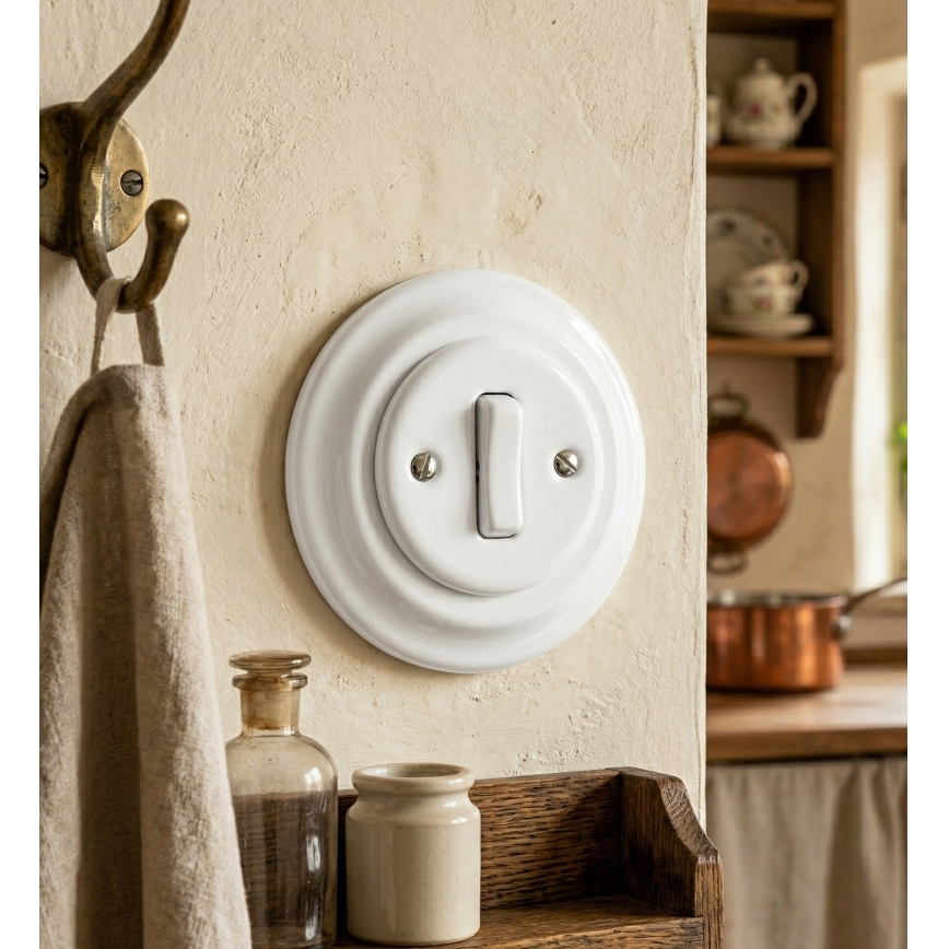 Bohemia-Design - Retrostiilis portselanist üheklahviline uksekellalüliti raamiga, valge