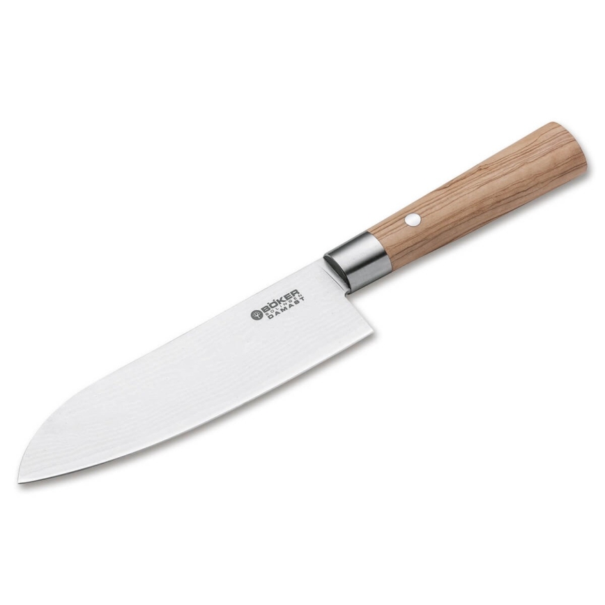 Böker - damaskterasest santoku kööginuga DAMAST OLIVE 17,2 cm oliivipuust