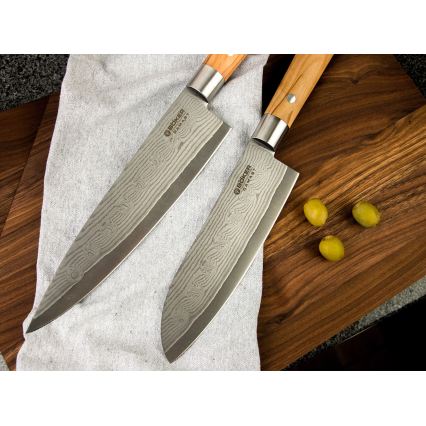 Böker - damaskterasest santoku kööginuga DAMAST OLIVE 17,2 cm oliivipuust