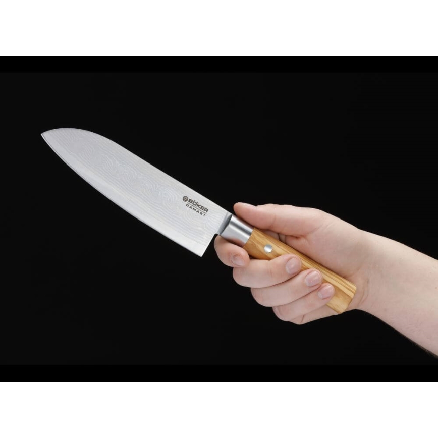 Böker - damaskterasest santoku kööginuga DAMAST OLIVE 17,2 cm oliivipuust