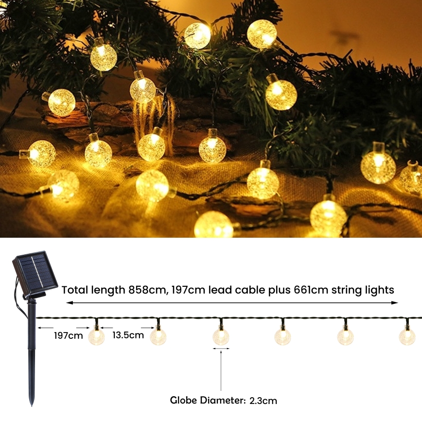 BRILAGI - LED-päikesetoitega dekoratiivne valguskett BUBBLE 200×LED/8 režiimi 20 m IP65 soe valge 800 mAh