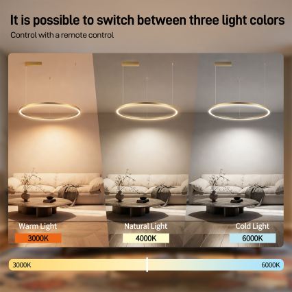 Brilagi - hämardatav LED-lühter PORTOFINO riputuskaabliga, 60 W, 230 V, 3000–6000 K, Ø 80 cm, kuldne + kaugjuhtimispult