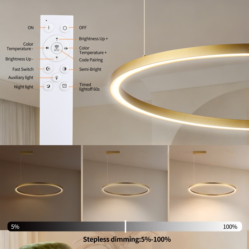 Brilagi - hämardatav LED-lühter PORTOFINO riputuskaabliga, 60 W, 230 V, 3000–6000 K, Ø 80 cm, kuldne + kaugjuhtimispult
