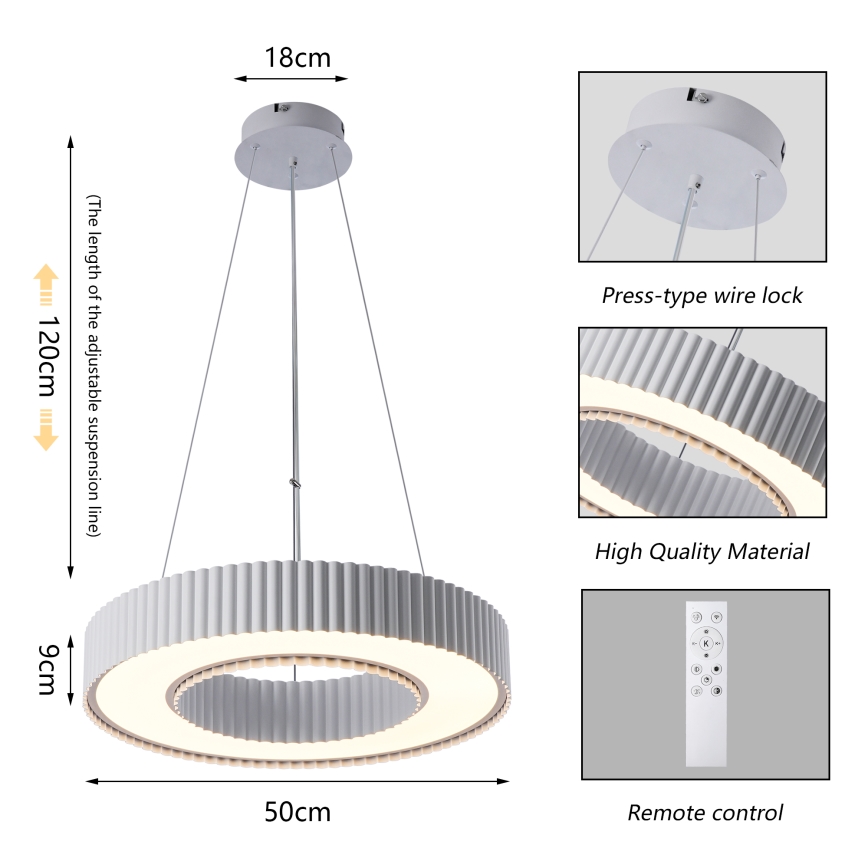 Brilagi - LED hämardatav rippvalgusti kaabliga LUMIX LED/48W/230V 3000-6000K valge läbimõõt 50 cm + kaugjuhtimispult