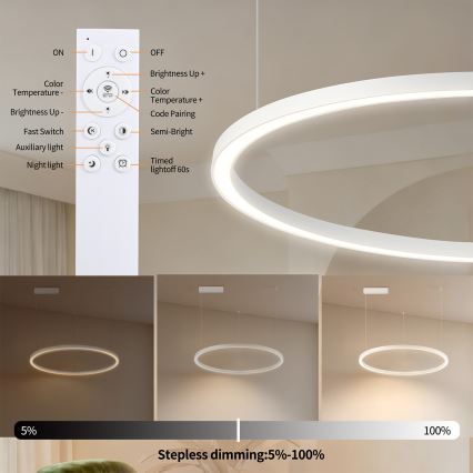 Brilagi - LED-hämardatav rippvalgusti kaablil PORTOFINO LED/60W/230V 3000-6000K, läbimõõt 80 cm, valge + kaugjuhtimispult