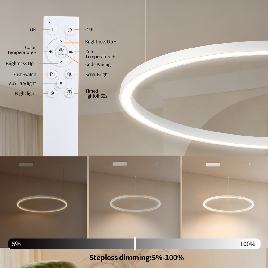 Brilagi - LED-hämardatav rippvalgusti kaablil PORTOFINO LED/60W/230V 3000-6000K, läbimõõt 80 cm, valge + kaugjuhtimispult