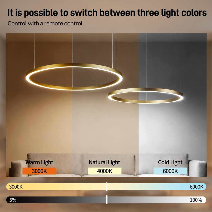 Brilagi - LED hämardatav lühter riputuskaabliga PORTOFINO LED/98W/230V 3000-6000K kuldne + kaugjuhtimispult