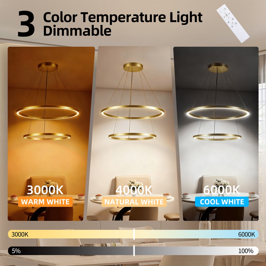 Brilagi - LED-hämardatav köisel riputatav lühter PORTOFINO LED/98W/230V 3000-6000K pr. 80 cm kuldne + kaugjuhtimispult