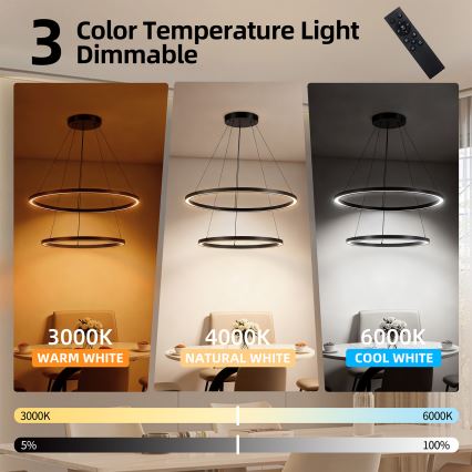 Brilagi - LED-hämardatav rippvalgusti kaabliga PORTOFINO LED/98W/230V 3000-6000K läbimõõt 80 cm must + kaugjuhtimispult