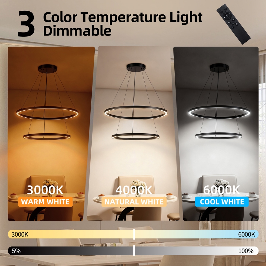 Brilagi - LED-hämardatav rippvalgusti kaabliga PORTOFINO LED/98W/230V 3000-6000K läbimõõt 80 cm must + kaugjuhtimispult