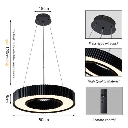 Brilagi - LUMIX LED hämardatav ripatsvalgusti kaablil, LED/48W/230V, 3000-6000K, must, läbimõõt 50 cm + kaugjuhtimispult