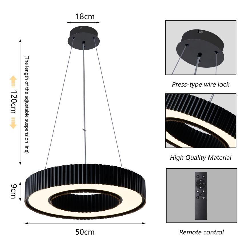 Brilagi - LUMIX LED hämardatav ripatsvalgusti kaablil, LED/48W/230V, 3000-6000K, must, läbimõõt 50 cm + kaugjuhtimispult