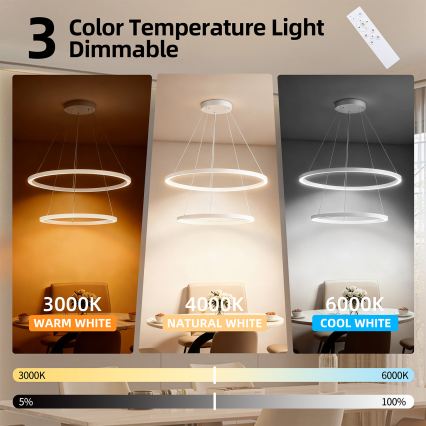 Brilagi - PORTOFINO LED hämardatav rippvalgusti kaablil, 98 W, 230 V, 3000–6000 K, Ø 80 cm, valge + kaugjuhtimispult