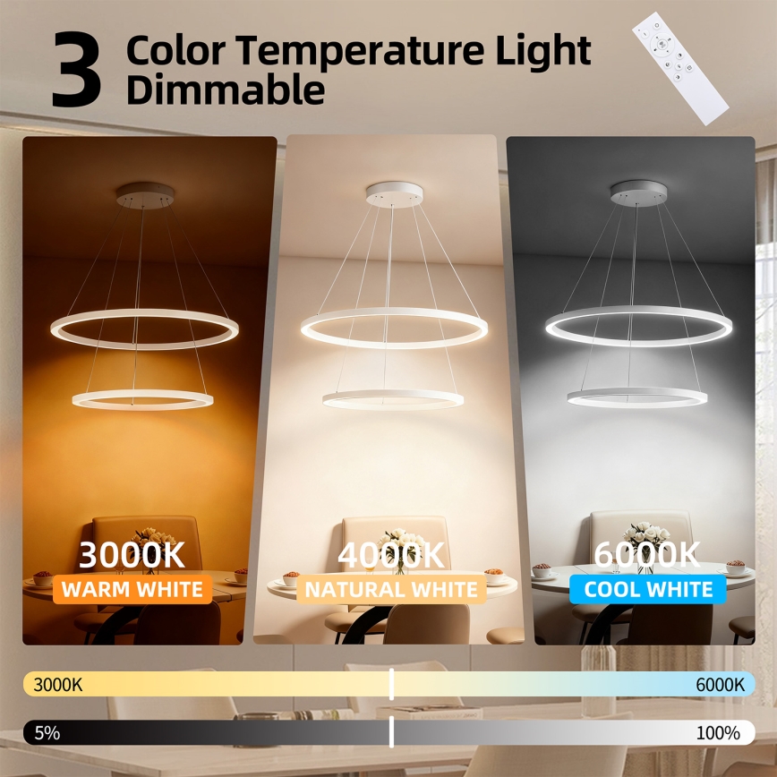 Brilagi - PORTOFINO LED hämardatav rippvalgusti kaablil, 98 W, 230 V, 3000–6000 K, Ø 80 cm, valge + kaugjuhtimispult
