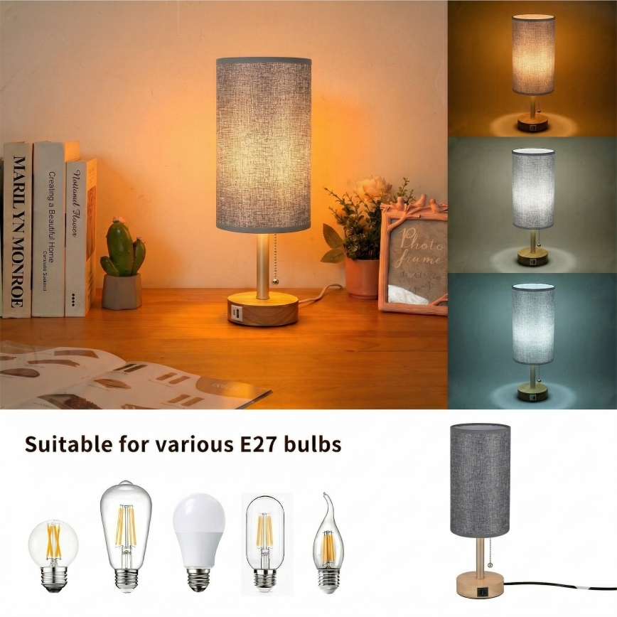 Brilagi - Laualamp TABLON USB-pordiga 1xE27/25W/230V tamm/beež/hall