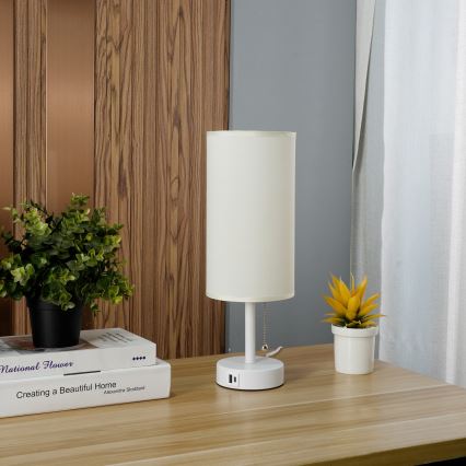Brilagi - Laualamp TABLON USB-pordiga 1xE27/25W/230V valge/kreemjas