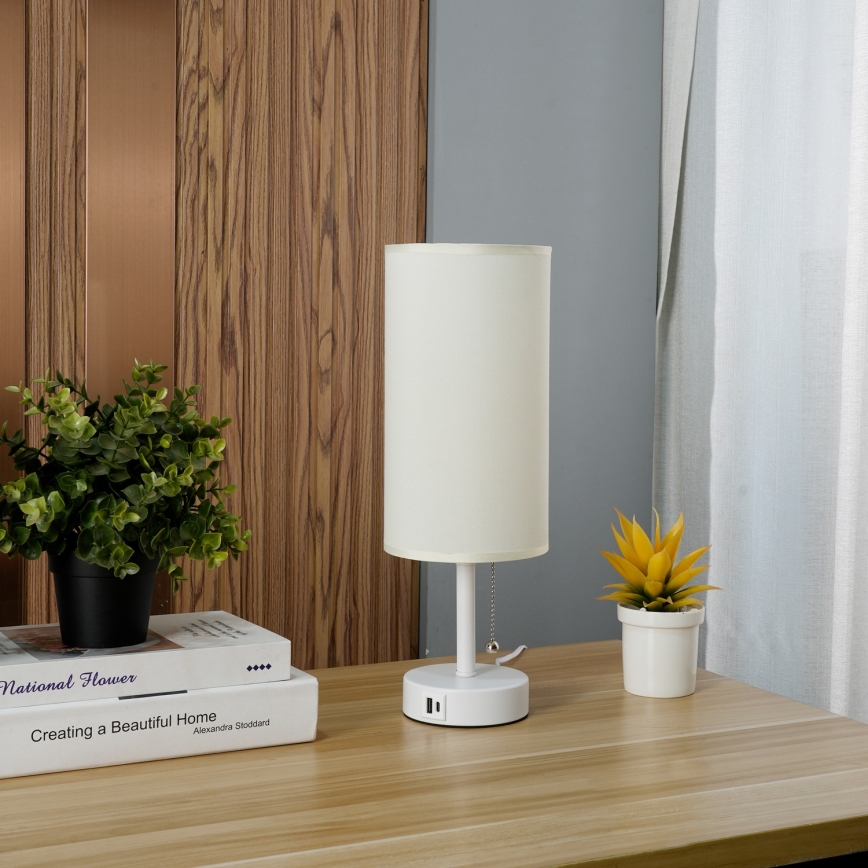 Brilagi - Laualamp TABLON USB-pordiga 1xE27/25W/230V valge/kreemjas