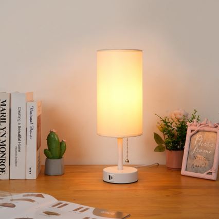 Brilagi - Laualamp TABLON USB-pordiga 1xE27/25W/230V valge/kreemjas